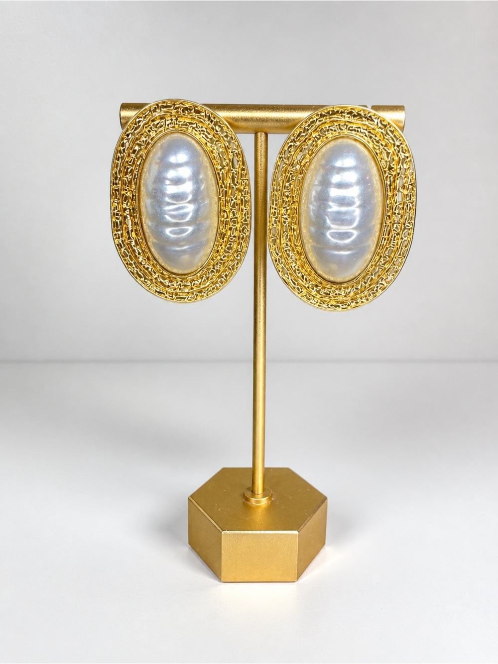 Vintage Style Gold Tone Faux Pearl Statement Earrings Oval Textured Heavy